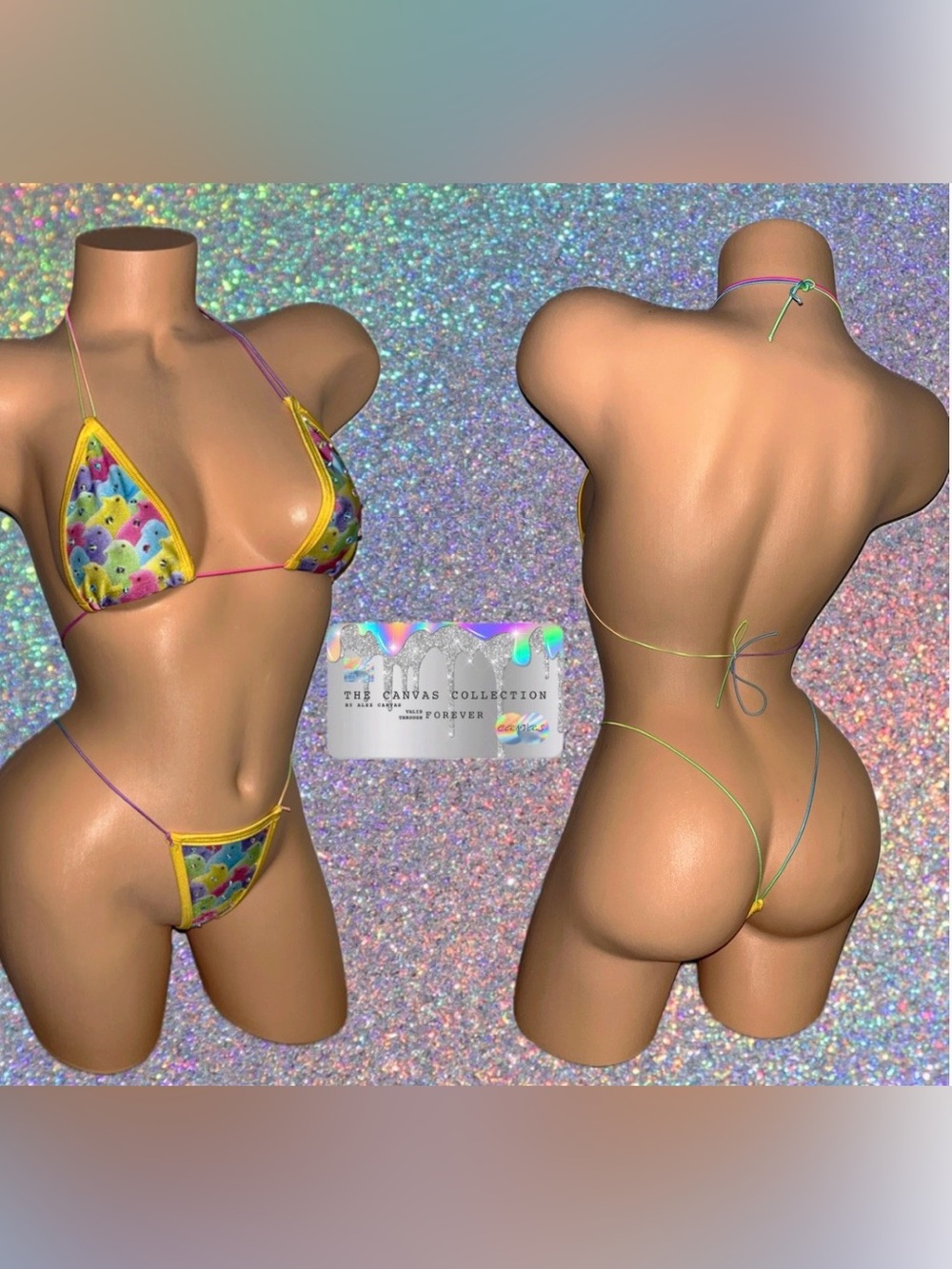 EXOTIC DANCEWEAR: Multicolored 2 Piece Bikini Set with bag & rhinestone pasties